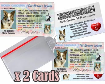 Personalized Pet Driver's License – North Carolina, Dog Cat ID Tag (2 Cards)