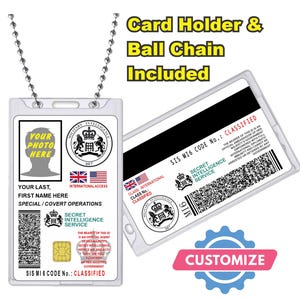 May include: A clear plastic card holder with a ball chain, featuring a mock Secret Intelligence Service ID. The ID includes space for a photo, the text "YOUR PHOTO HERE", and the words "CLASSIFIED" and "CUSTOMIZE".