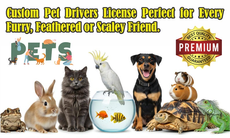 Peut inclure: Image pr&eacute;sentant divers animaux de compagnie : lapin, chat, perroquet, chien, cochons d'Inde, tortue, iguane et grenouille. Le texte indique : "Custom Pet Drivers License Perfect for Every Furry, Feathered or Scaley Friend."