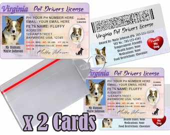 Licencia de conducir personalizada para mascotas - Virginia, placa de identificación para perros y gatos (2 tarjetas)