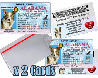 Personalisierter Haustier Führerschein - Alabama, Hundekatze ID Tag (2 Karten)