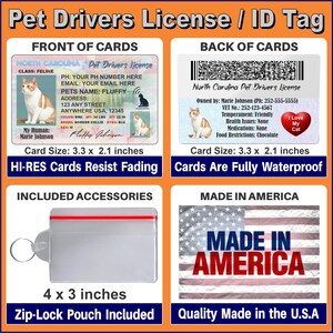 Peut inclure: Un ensemble de cartes d'identification pour animaux de compagnie comprenant une licence de conducteur d'animaux de compagnie de Caroline du Nord et une pochette zipp&eacute;e. La licence pr&eacute;sente une image de chat, des d&eacute;tails sur l'animal et les informations du propri&eacute;taire. La taille de la carte est de 8,4 x 5,3 cm. Fabriqu&eacute; aux &Eacute;tats-Unis.