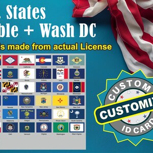 Peut inclure: L'image pr&eacute;sente les drapeaux des &Eacute;tats am&eacute;ricains, y compris Washington D.C., avec le texte "All U.S. States Available + Wash DC". Un badge "CUSTOMIZE ID CARD" est en bas &agrave; droite. Un drapeau am&eacute;ricain est en arri&egrave;re-plan.