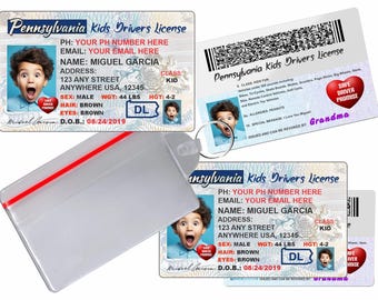 PENNSYLVANIA Novelty Kinder-Führerschein - 2 Karten in voller Größe inklusive - Kindersicherheitsausweis - inklusive medizinischer Informationen auf der Rückseite