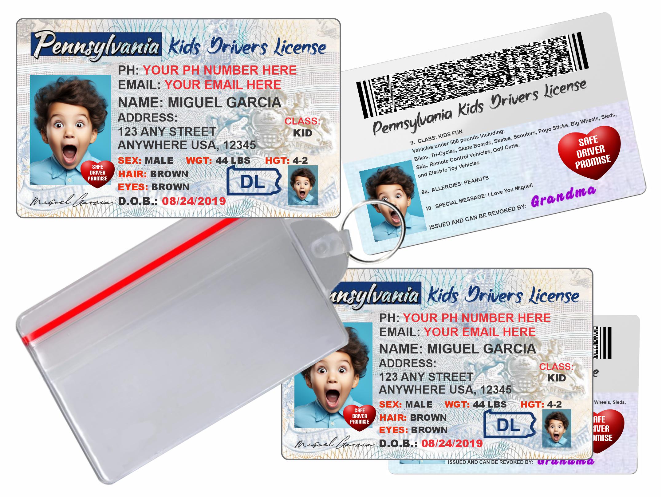 PENNSYLVANIA Novelty Kids Driver's License - 2 Full Sized Cards