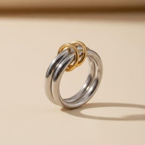 Two-Tone Double Ring Set, Gold Plated Stainless Steel, Waterproof Statement Ring