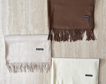 Bufanda de invierno de mezcla de cachemira / Chal neutro suave, marrón, beige y marfil