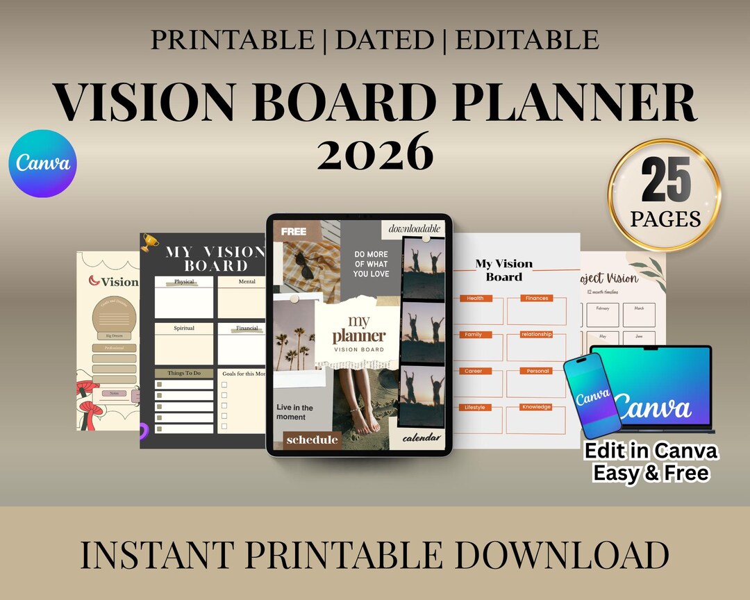Editable Vision Board Planner | Canva Template | Instant Download ...