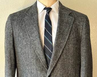 Vintage MENS Harris Tweed for Churchill & Co. black and gray herringbone wool jacket, sport coat or blazer, size XL