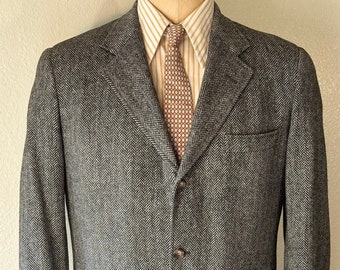 Vintage MENS 60s Southwick for Nordstrom 3 button black & gray herringbone wool tweed jacket, sport coat or blazer