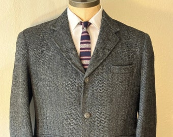 Vintage MENS 60s Harris Tweed for Young Man's Fancy black & gray 3 button herringbone wool tweed jacket, sport coat or blazer, size 42S