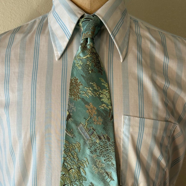 Vintage MENS turquoise, white, brown, grey & pink rockabilly or swing tie with embroidered Japanese garden, circa 40s-50s