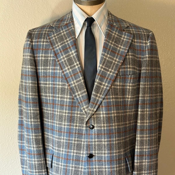 Vintage MENS 60s Readgate for Robinson's California blue, gray, rust and white plaid wool jacket, sport coat or blazer, union made