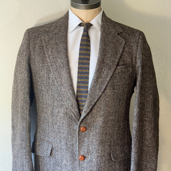 Vintage MENS Harris Tweed for Planteen & Krogh brown herringbone wool jacket, sport coat or blazer