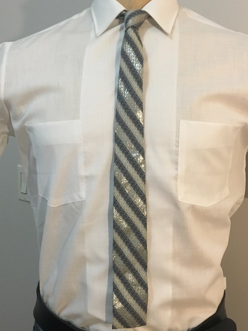 Vintage MENS grey, silver & black diagonal stripes skinny tie with squared ends, circa 1950s 60s Vintage MENS grey, silver & black diagonal stripes skinny tie with squared ends, circa 1950s 60s