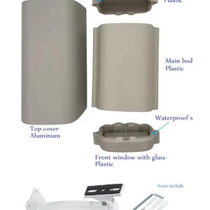 Może przedstawiać: Zdemontowana jasnoszara obudowa zawierająca aluminiową pokrywę g&oacute;rną, plastikowy korpus gł&oacute;wny, plastikową część tylną oraz plastikowe okno przednie ze szkłem. Zestaw zawiera biały wspornik montażowy, śruby i kołki rozporowe o średnicy 6mm.