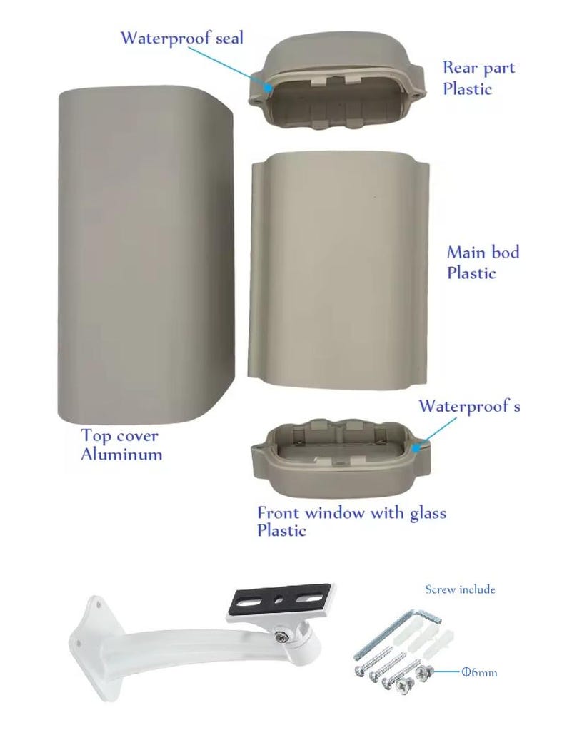 Może przedstawiać: Zdemontowana jasnoszara obudowa zawierająca aluminiową pokrywę g&oacute;rną, plastikowy korpus gł&oacute;wny, plastikową część tylną oraz plastikowe okno przednie ze szkłem. Zestaw zawiera biały wspornik montażowy, śruby i kołki rozporowe o średnicy 6mm.