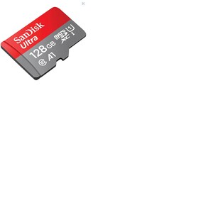 Może przedstawiać: Karta pamięci microSDXC SanDisk Ultra 128 GB w kolorze czerwonym i szarym. Na karcie znajduje się biały tekst z nazwą marki, pojemnością oraz specyfikacjami technicznymi, w tym symbolami klasy prędkości A1 oraz klasy 10.