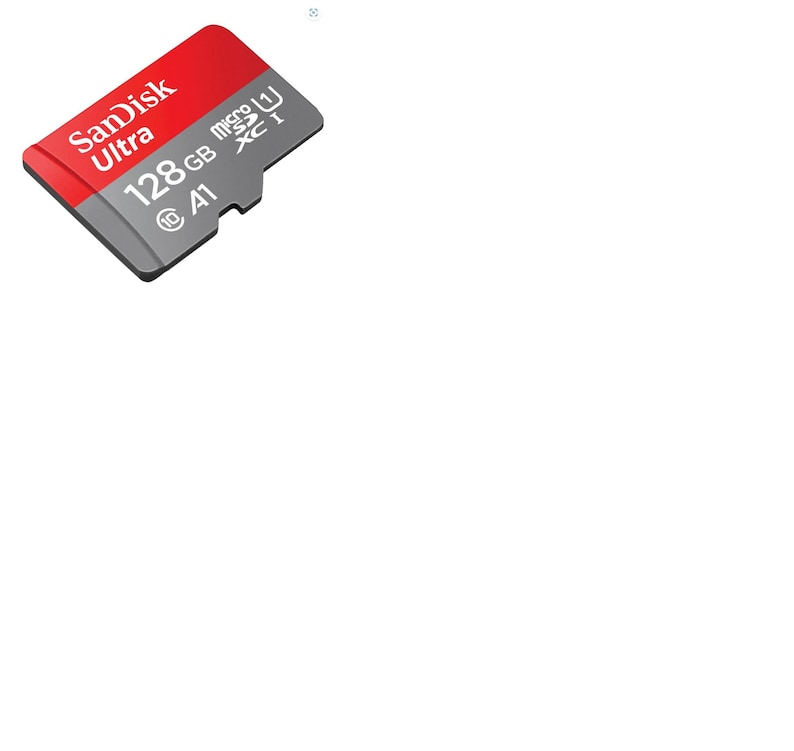 Może przedstawiać: Karta pamięci microSDXC SanDisk Ultra 128 GB w kolorze czerwonym i szarym. Na karcie znajduje się biały tekst z nazwą marki, pojemnością oraz specyfikacjami technicznymi, w tym symbolami klasy prędkości A1 oraz klasy 10.