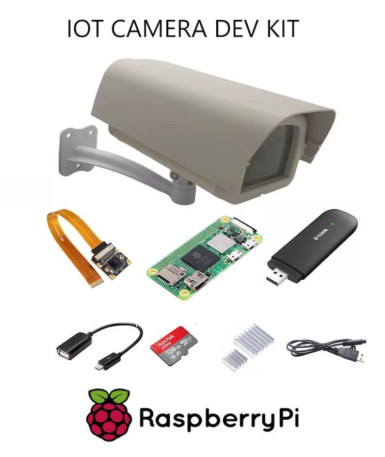 Może przedstawiać: Zestaw deweloperski IOT CAMERA zawierający jasnoszarą obudowę kamery bezpieczeństwa do użytku zewnętrznego, małą płytkę drukowaną, adapter USB D-Link, moduł kamery z taśmą, kartę microSD SanDisk Ultra 128 GB, kabel adaptera USB, dwa radiatory oraz kabel USB.