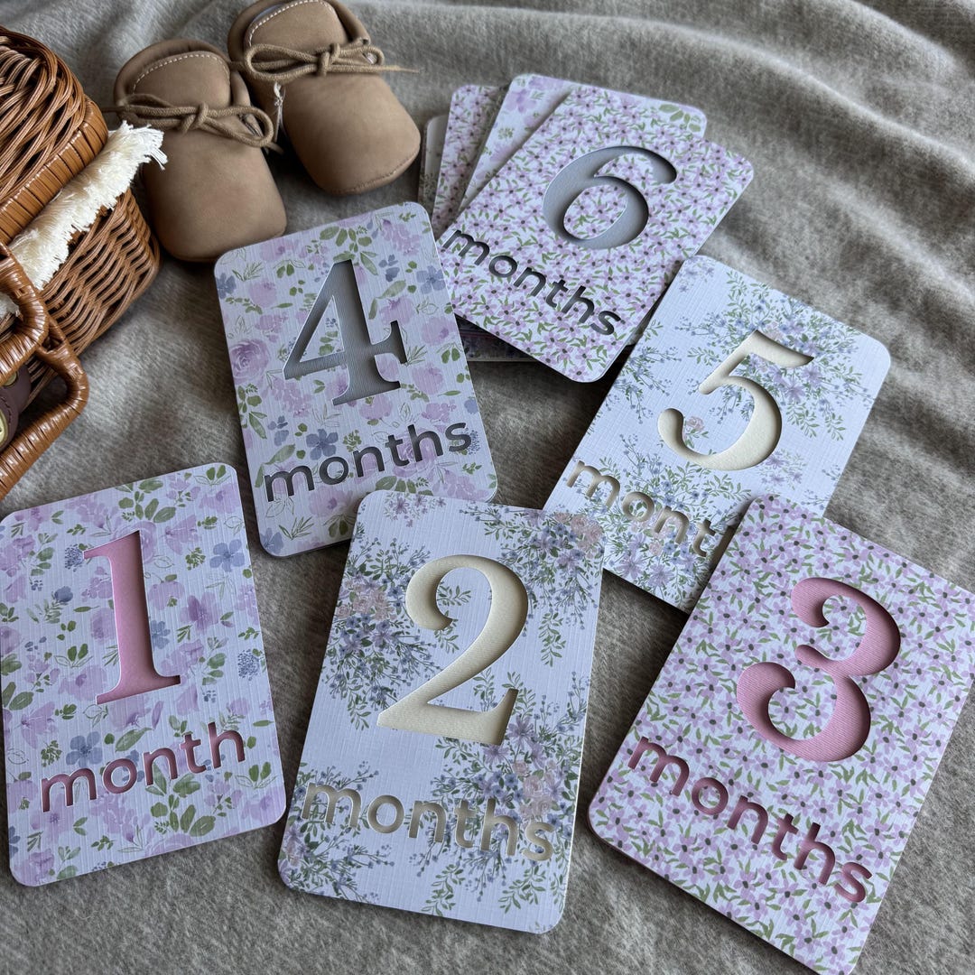 Baby Girl Pink Floral Milestone Cards – 12 Monthly Handmade Photo Props ...