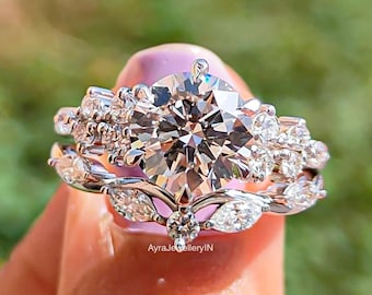 2 CT Round Lab Grown Diamond Engagement Ring | 14K Gold Cluster Wedding Ring Set | IGI Certified Bridal Ring Set | Anniversary Ring Set