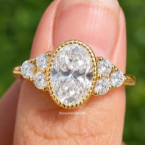 Bezel Set 2.5 CT Oval Moissanite Engagement Ring | Vintage Cluster Milgrain Set Wedding Ring | Unique Bridal Ring | Antique Promise Ring
