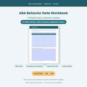 ABAデータシートバンドル、記入可能な行動データ収集フォーム、ABC頻度・期間・間隔トークン、印刷可能なBCBAワークブック