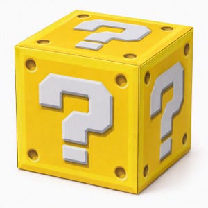 May include: A bright yellow cube featuring a large white question mark on each visible side. The cube has a distinct border and circular indentations at each corner, creating a three-dimensional appearance with sharp edges and clean lines.