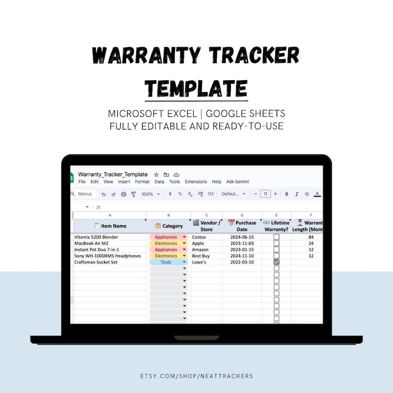 Warranty Tracker | Google Sheets and Excel | Track Lifetime Warranties ...