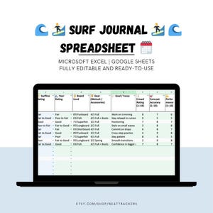 Könnte beinhalten: Ein Laptop zeigt eine Tabelle mit dem Titel "SURF JOURNAL SPREADSHEET". Die Tabelle enthält Felder für Surfbedingungen, verwendetes Board und Leistungskennzahlen. Vollständig editierbar und einsatzbereit für Microsoft Excel oder Google Sheets.