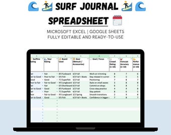 Surf Journal und Logbuch Tabelle | Minimale Excel & Google Sheets | Tracker für Surf-Sessions, Boards und Reflexionen