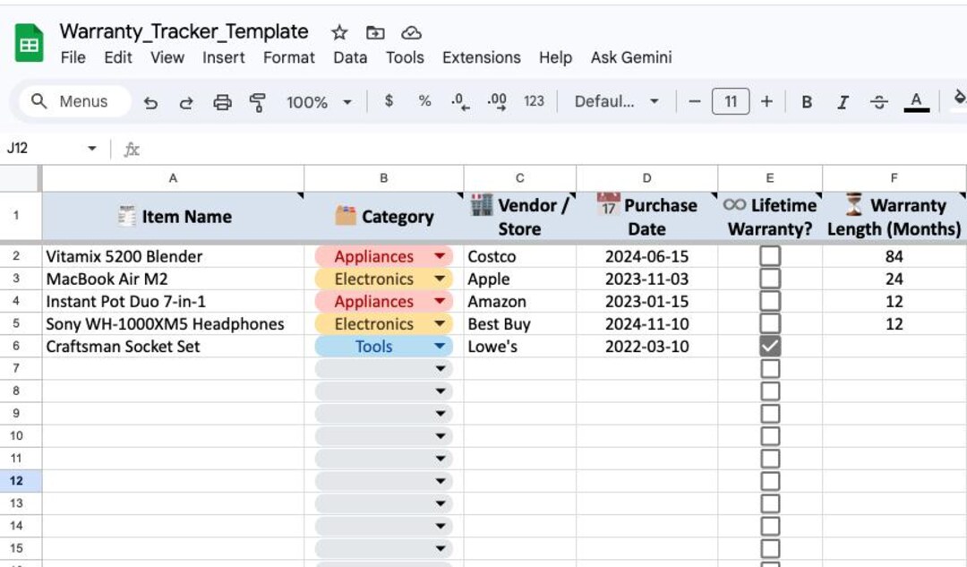 Warranty Tracker Template | Google Sheets and Excel | Track Lifetime ...