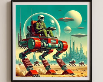 Poster OVNI landwalker vintage-futuriste, art déco atomique moderne Mid-Century