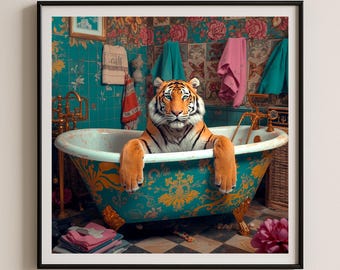 Impression d'art de tigre lunatique dans le bain bleu sarcelle d'art déco florale rétro d'art mural