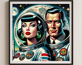 Impression d'art science-fiction rétro : astronautes du milieu du siècle, décoration de l'ère spatiale