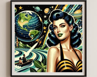 Affiche vintage pin-up rétro fille impression art déco art atomique moderne Mid-Century