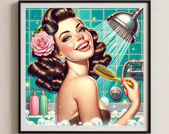 Impression d'art pin up douche rétro vintage fille affiche décoration science-fiction moderne milieu de siècle Pop Art