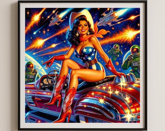 Impression d'art pin up cow-girl rétro, affiche vintage pour fille, décoration de science-fiction moderne Mid-Century