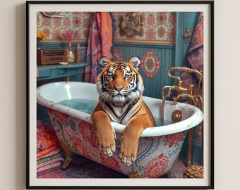 Tigre majestueux dans une impression d'art florale vintage pour le bain, décoration d'intérieur fantastique rétro, art