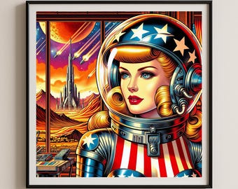 Planètes de science-fiction vintage et fusées parmi les étoiles Pop Art atomique de style Mid-Century