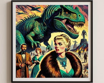 Impression d'art d'affiche de film de dinosaure rétro, style Mid-Century
