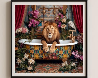 Impression d'art Lion dans le bain vintage Giclée florale rétro fantaisie décoration d'intérieur