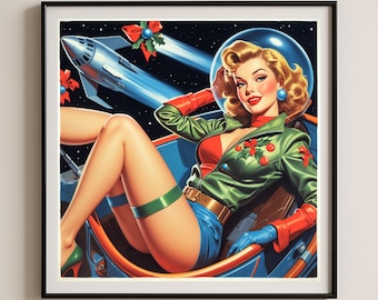 Retro Space Holiday Pin-Up Art Print Vintage Rocket Girl Poster Mid-Century Sci-Fi Decor