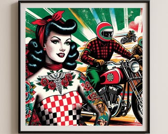 Impression d'art moto pin up vintage motard rétro fille affiche giclée impression pop art milieu du siècle