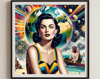 Impression de la paix dans le monde, illustration de l'espace, giclée de beauté cosmique de planètes de style moderne du milieu du siècle