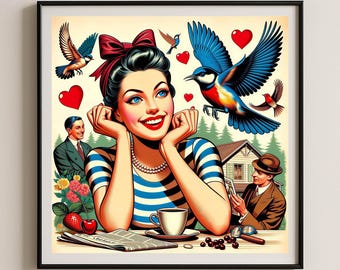 Impression giclée femme rétro Love Birds - Pop Art Mid-Century