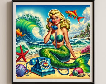 Impression d'art princesse sirène océan fantaisie giclée affiche mythique art mural sous-marin dessin animé déco