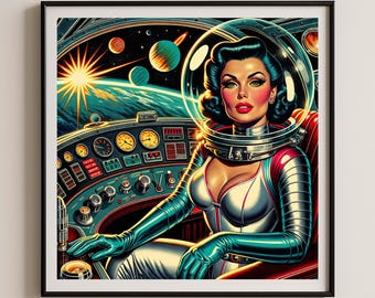 Capitaine de l'espace rétro pin up impression art mural science-fiction futuriste des années 1950, décoration pop galaxie