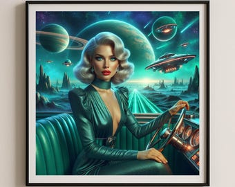 Illustration rétro de l'espace thème science-fiction Mid-Century Style OVNI Giclée d'art cosmique vintage
